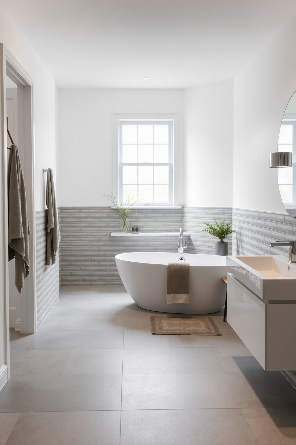 A chic bathroom featuring gray tiles with intricate geometric patterns that create a modern and stylish atmosphere. The walls are adorned with sleek gray paint, complemented by a minimalist floating vanity with a polished white sink. Natural light streams in through a large window, illuminating the space and enhancing the elegant design. Decorative elements include a plush gray rug and contemporary fixtures that add a touch of sophistication.