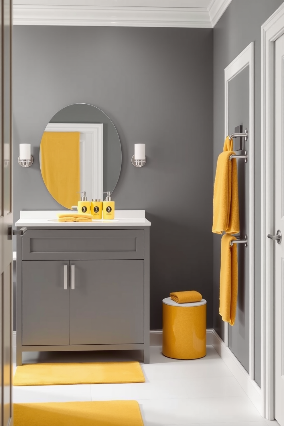 A modern bathroom featuring bright gray walls complemented by yellow accents throughout. The space includes a sleek gray vanity with a white countertop and stylish yellow accessories like soap dispensers and towels.