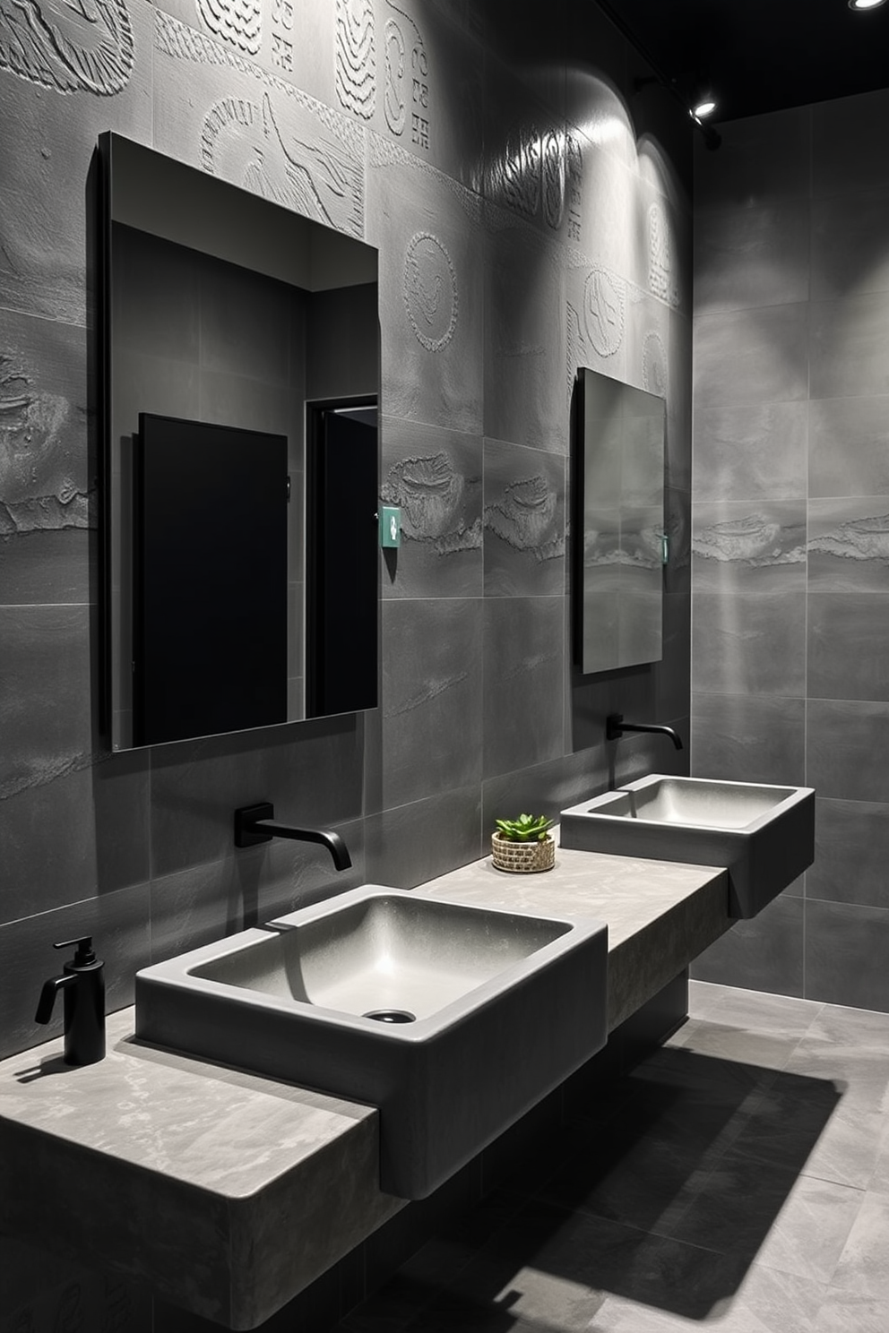 A stylish gray bathroom featuring sleek gray concrete sinks that exude an urban vibe. The walls are adorned with textured gray tiles, complemented by modern fixtures and ambient lighting for a chic atmosphere.