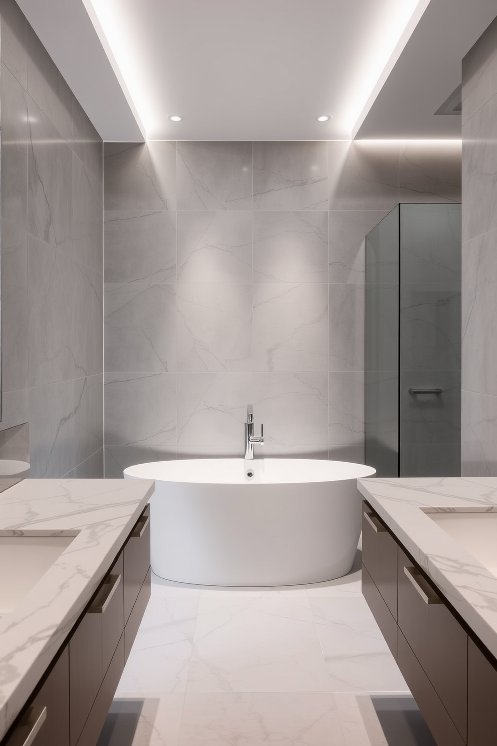 A luxurious gray bathroom featuring a freestanding bathtub with sleek chrome fixtures. The walls are adorned with elegant gray tiles, complemented by a stylish gray vanity with polished surfaces.