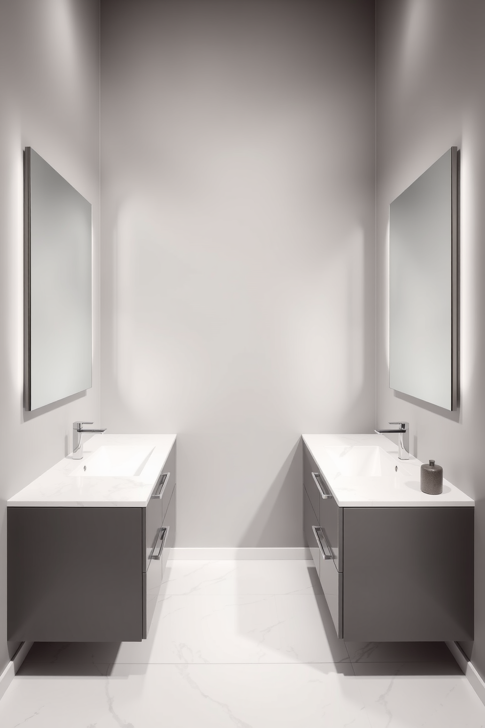 A contemporary bathroom featuring sleek gray vanities with minimalist designs. Above each vanity, large rectangular mirrors reflect the modern aesthetic of the space. The walls are adorned in a soft gray hue, creating a serene backdrop for the fixtures. The flooring consists of large white tiles with subtle gray veining, enhancing the overall elegance of the design.