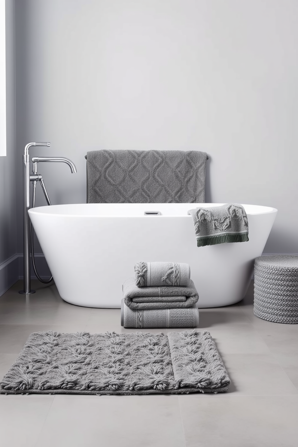 A serene gray bathroom setting with soft gray bath mats and plush towels neatly arranged. The walls are painted in a light gray hue, complemented by sleek silver fixtures and a modern freestanding bathtub.