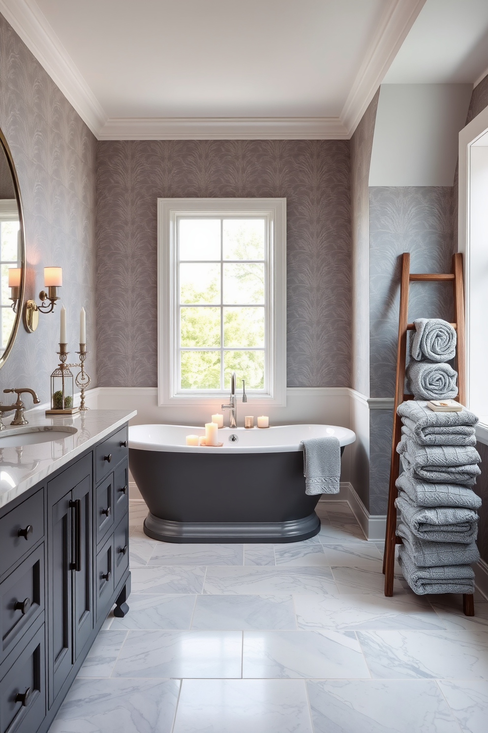 Elegant gray wallpaper with subtle patterns creates a serene and sophisticated atmosphere in the bathroom. The space features a freestanding soaking tub surrounded by candles, with a large window allowing natural light to flood in. A sleek gray vanity with a white marble top complements the wallpaper, adorned with stylish fixtures. Plush towels in varying shades of gray are neatly arranged on a nearby ladder shelf, adding both functionality and charm.