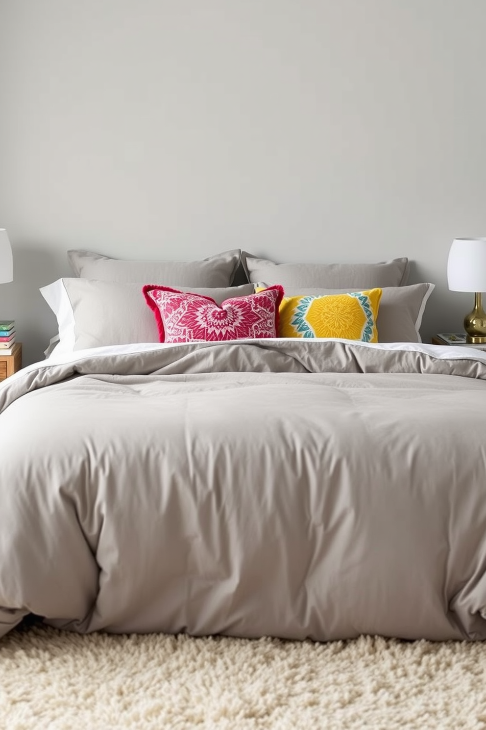 Cozy gray bedding adorned with vibrant throw pillows creates a warm and inviting atmosphere. The walls are painted in a soft gray tone, complemented by a plush area rug that adds texture and comfort to the space.