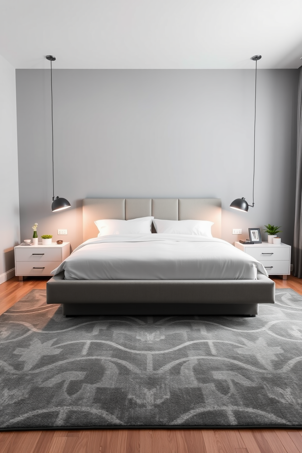 A contemporary gray rug with a geometric pattern anchors the room, adding texture and visual interest. The bedroom features a sleek platform bed with crisp white linens and a statement headboard, complemented by minimalist nightstands on either side. Soft ambient lighting from stylish pendant fixtures creates a warm and inviting atmosphere. The walls are painted in a soft gray hue, enhancing the modern aesthetic while providing a calming backdrop for the space.