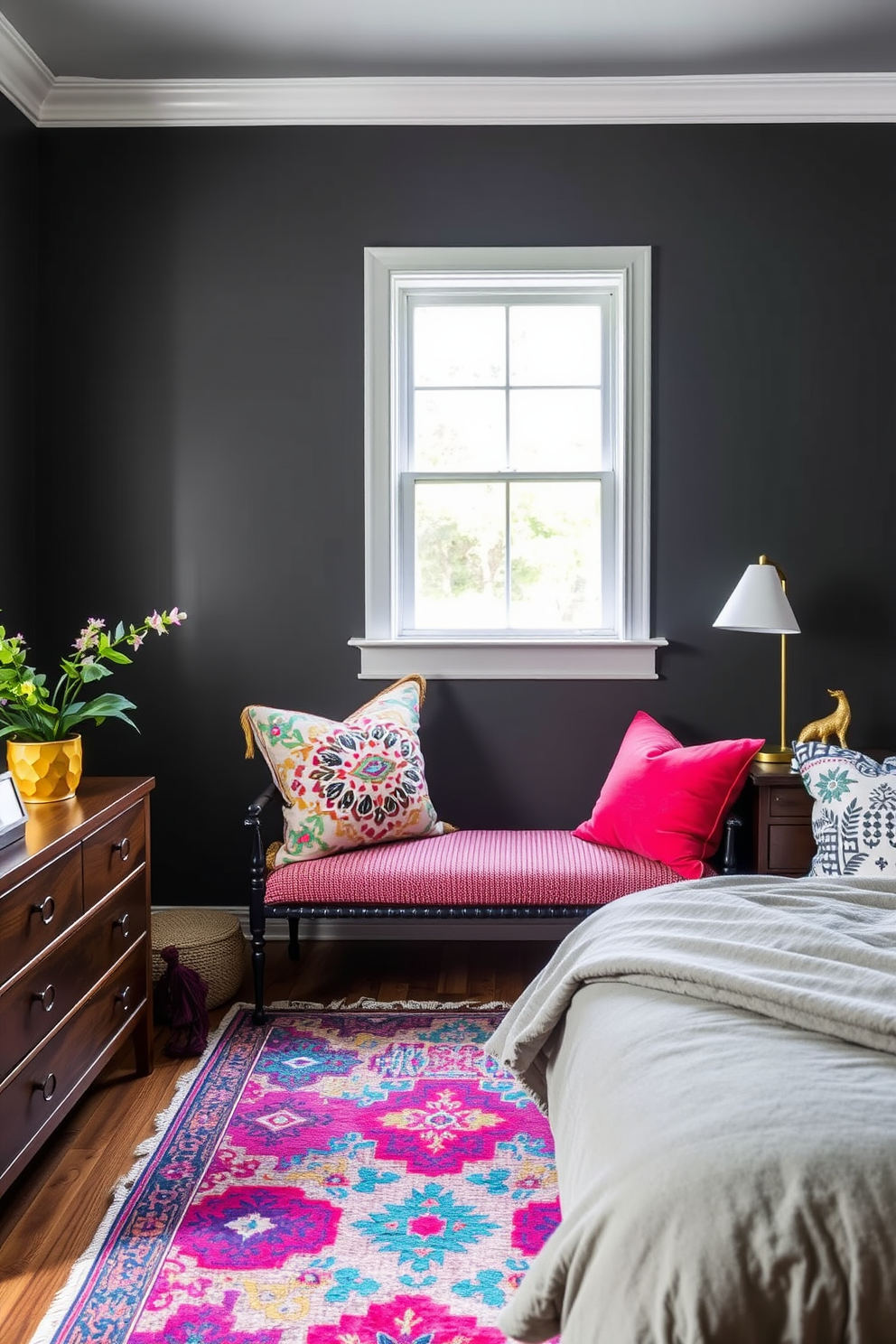 A cozy gray bedroom with dark gray walls creating a dramatic backdrop. Bright decor elements such as colorful throw pillows and a vibrant area rug add a pop of color to the space.