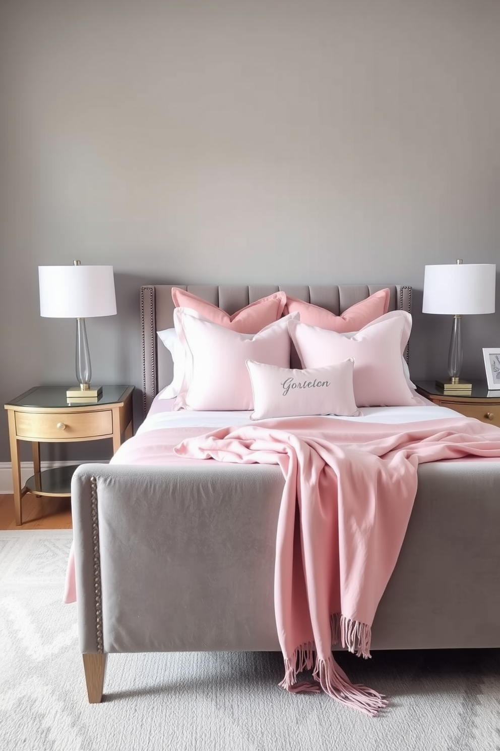 A serene bedroom setting featuring a gray and blush pink color scheme. The walls are painted a soft gray, complemented by blush pink accents in the bedding and decorative pillows. A plush gray upholstered bed takes center stage with a stylish blush pink throw draped over the foot. Elegant bedside tables in a light wood finish hold modern lamps with soft white shades, enhancing the tranquil atmosphere.