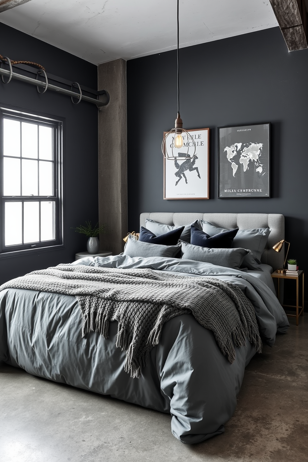 A serene gray bedroom with blush pink accents. The walls are painted a soft gray, complemented by a plush blush pink headboard and matching bedding. A cozy reading nook is created by a blush pink armchair placed in the corner, accompanied by a small gray side table. Natural light filters in through sheer white curtains, enhancing the calm atmosphere of the space.