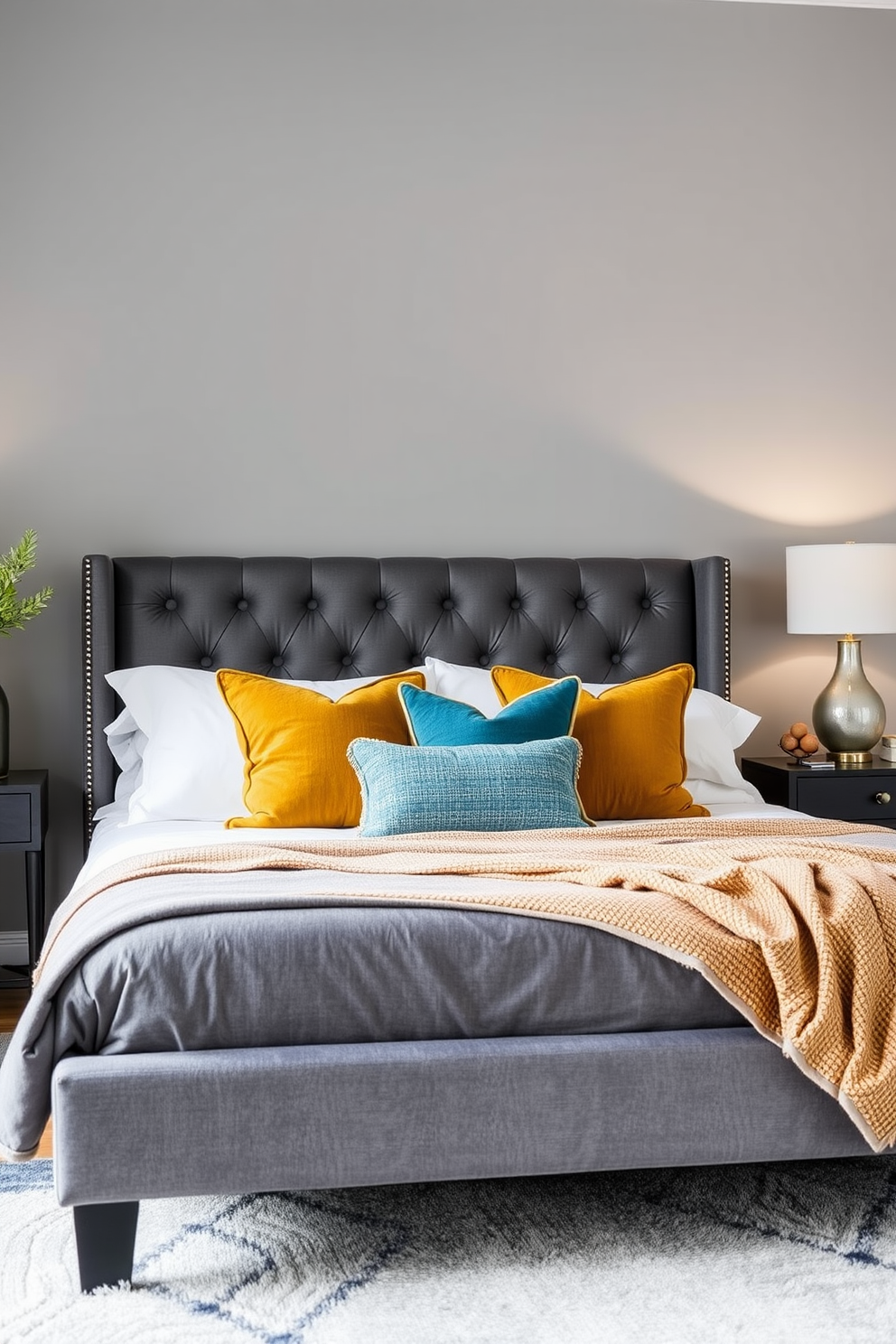 A serene gray bedroom setting with a plush area rug that defines the space. The walls are painted in a soft gray hue, complementing the elegant bedding and accent pillows.