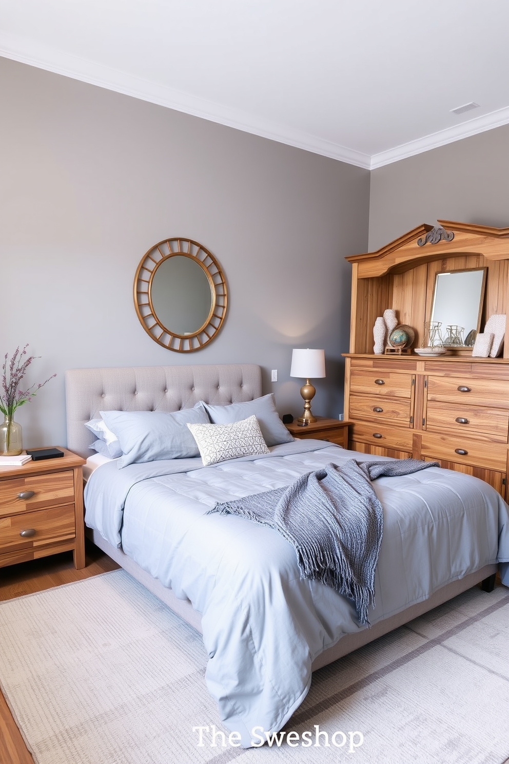 A cozy gray bedroom featuring warm gray tones complemented by wooden accents. The bed is dressed in soft gray linens with a plush throw blanket, and wooden nightstands flank each side. The walls are painted in a soothing warm gray, creating a serene atmosphere. A large wooden dresser sits against one wall, adorned with decorative items and a stylish mirror above it.