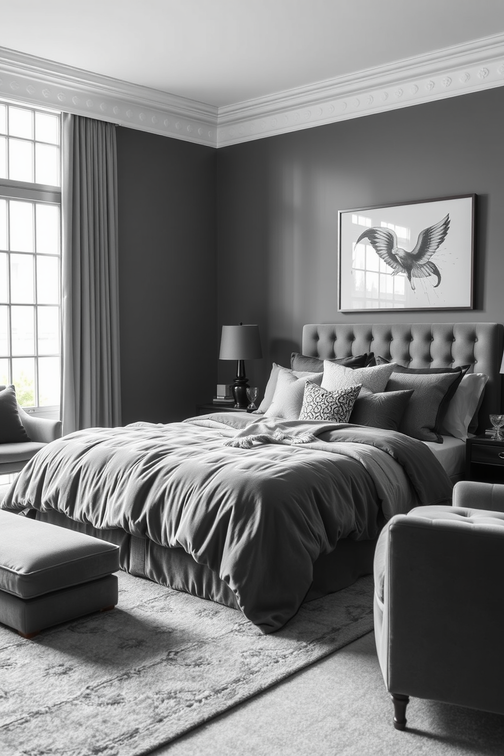 A monochromatic gray room featuring various textures to create depth and interest. The walls are painted in a soft gray hue, complemented by a plush gray velvet bedspread and textured throw pillows. A sleek gray area rug adds warmth to the space, while a mix of matte and glossy finishes on furniture enhances the visual appeal. Large windows allow natural light to filter in, illuminating the layered gray tones throughout the room.