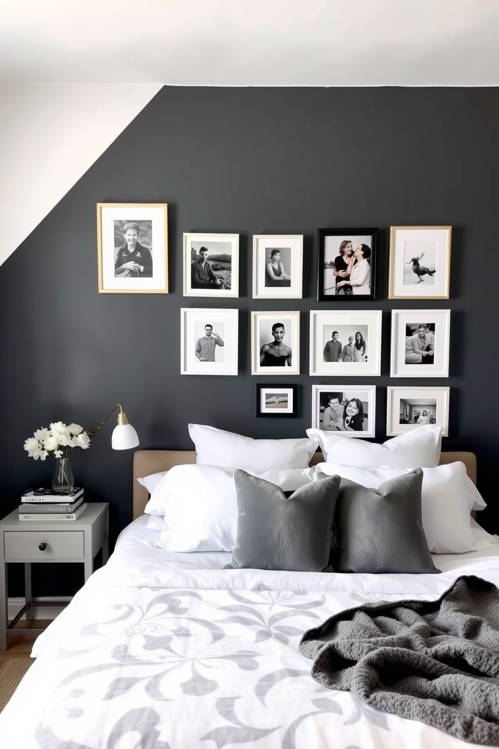 A cozy gray bedroom features a striking gray accent wall adorned with a curated gallery display of framed art and photographs. The bed is dressed in soft white linens with gray throw pillows, creating a serene and inviting atmosphere.