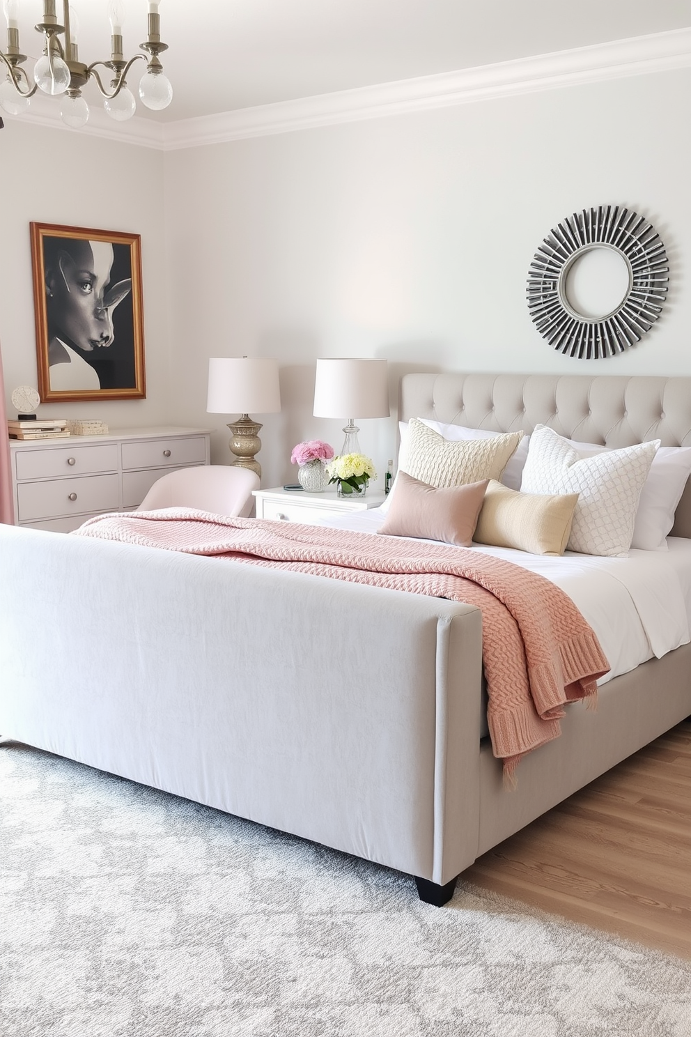 A serene bedroom featuring light gray furniture that complements soft pastel accents. The walls are painted in a gentle pastel shade, creating a calming atmosphere throughout the space. A large light gray upholstered bed takes center stage, adorned with pastel-colored pillows and a cozy throw blanket. A stylish pastel accent chair is positioned in the corner, adding a touch of elegance to the room.