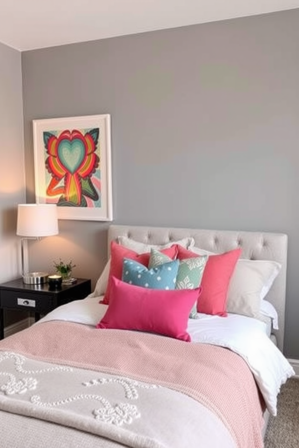 A serene gray bedroom with walls painted in a soft gray hue. The space is adorned with vibrant artwork that adds a pop of color and personality to the room. The bedding features a mix of textures in neutral tones, complemented by colorful accent pillows. A stylish nightstand holds a modern lamp, providing warm light for a cozy atmosphere.