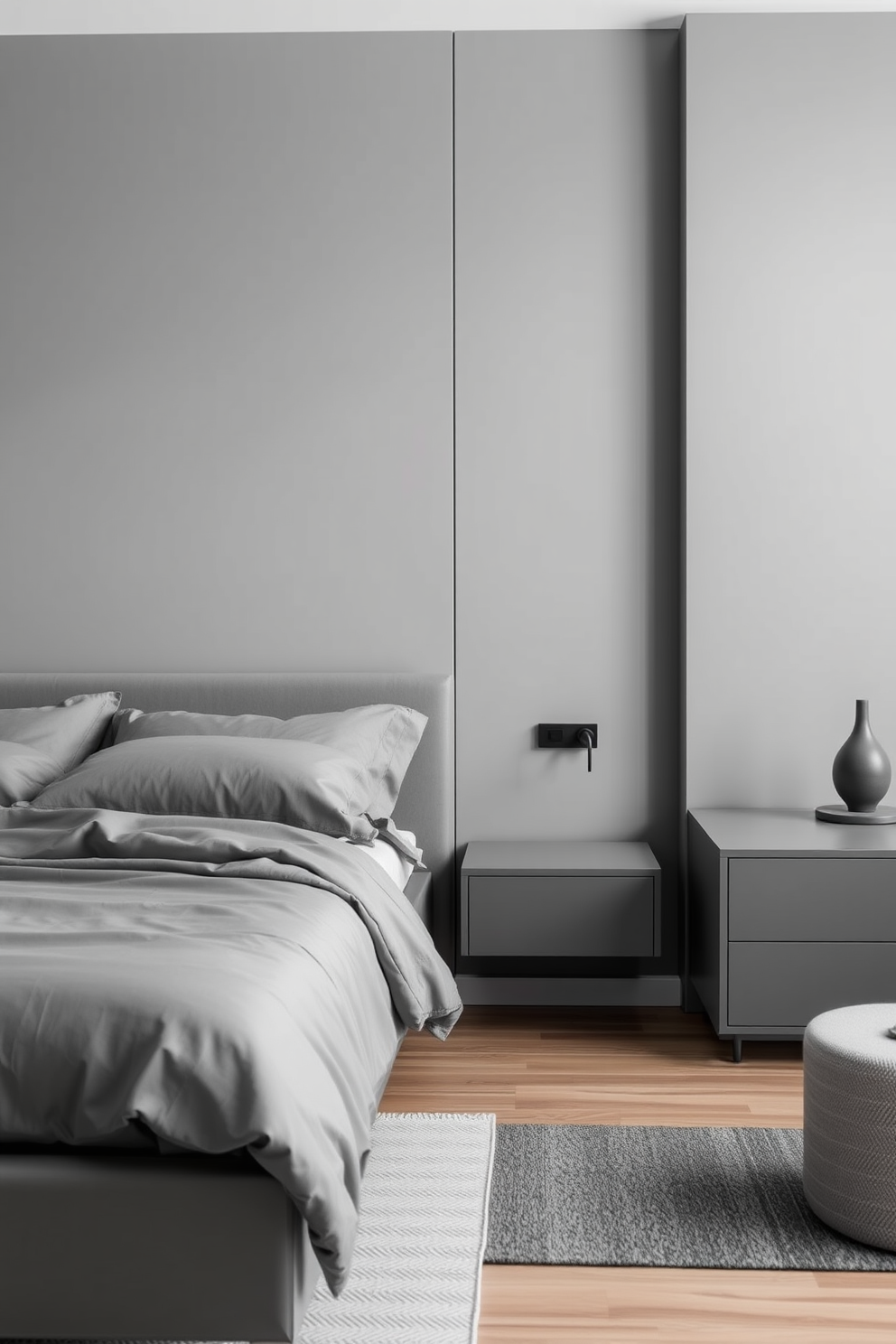 A sleek gray bedroom features minimalist furniture that emphasizes clean lines and functionality. The bed is adorned with soft gray linens, and a low-profile nightstand complements the overall aesthetic.