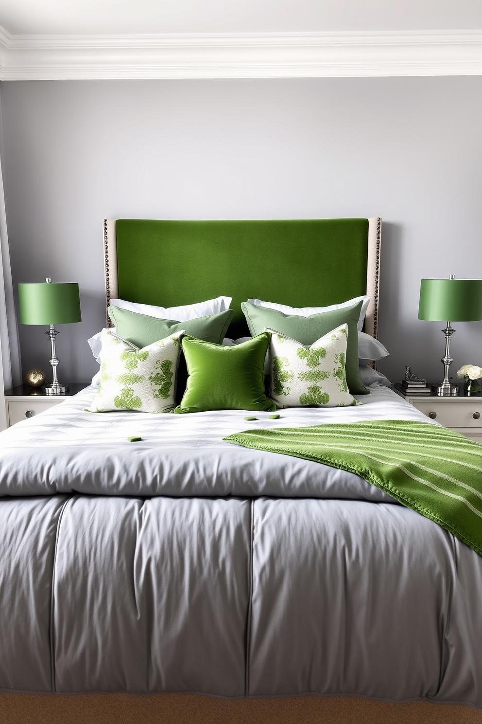 Light gray shiplap walls create a cozy farmhouse ambiance in the bedroom. The room features a plush gray upholstered bed adorned with soft white linens and accent pillows for a relaxed yet stylish look.