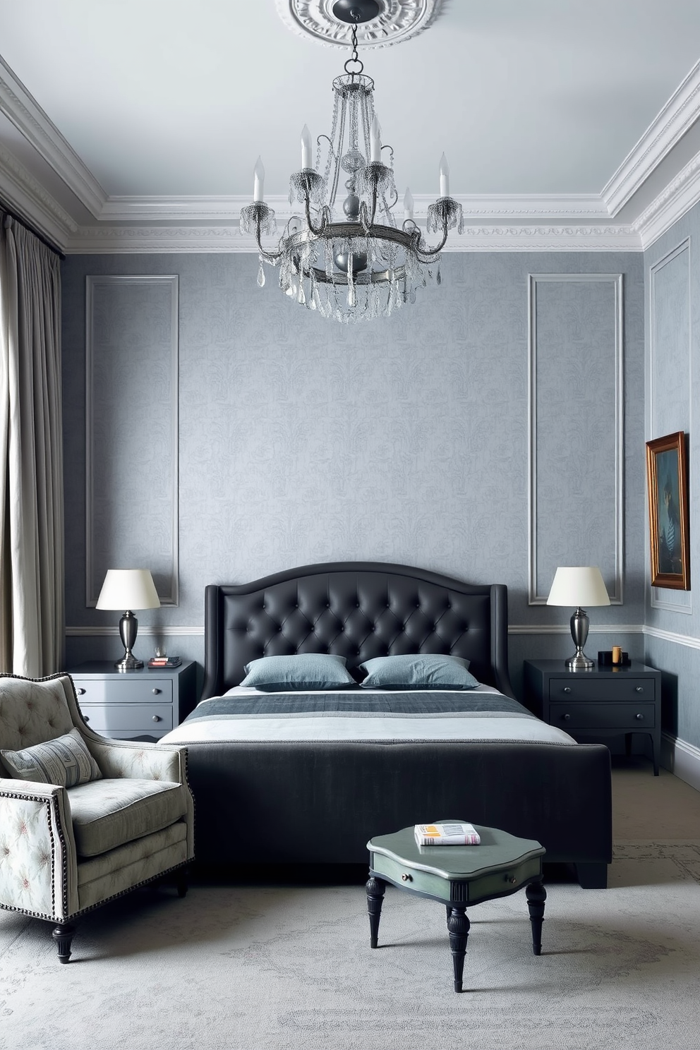 A vintage gray bedroom featuring an elegant blend of classic and modern elements. The walls are adorned with soft gray wallpaper, while a contemporary chandelier hangs gracefully from the ceiling. A plush gray upholstered bed takes center stage, flanked by sleek nightstands with minimalist lamps. A cozy reading nook with a vintage armchair and a small side table completes the inviting atmosphere.