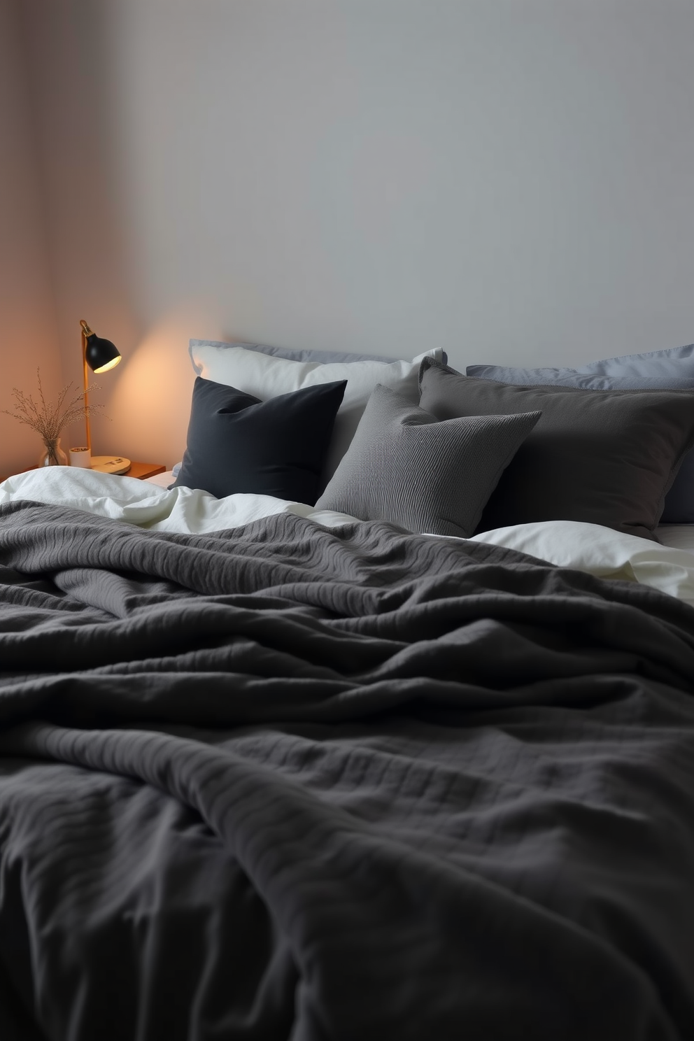 A serene bedroom space featuring gray and green botanical prints that bring a touch of freshness to the atmosphere. The walls are adorned with large botanical art pieces, and the bedding includes soft gray linens complemented by green accent pillows.