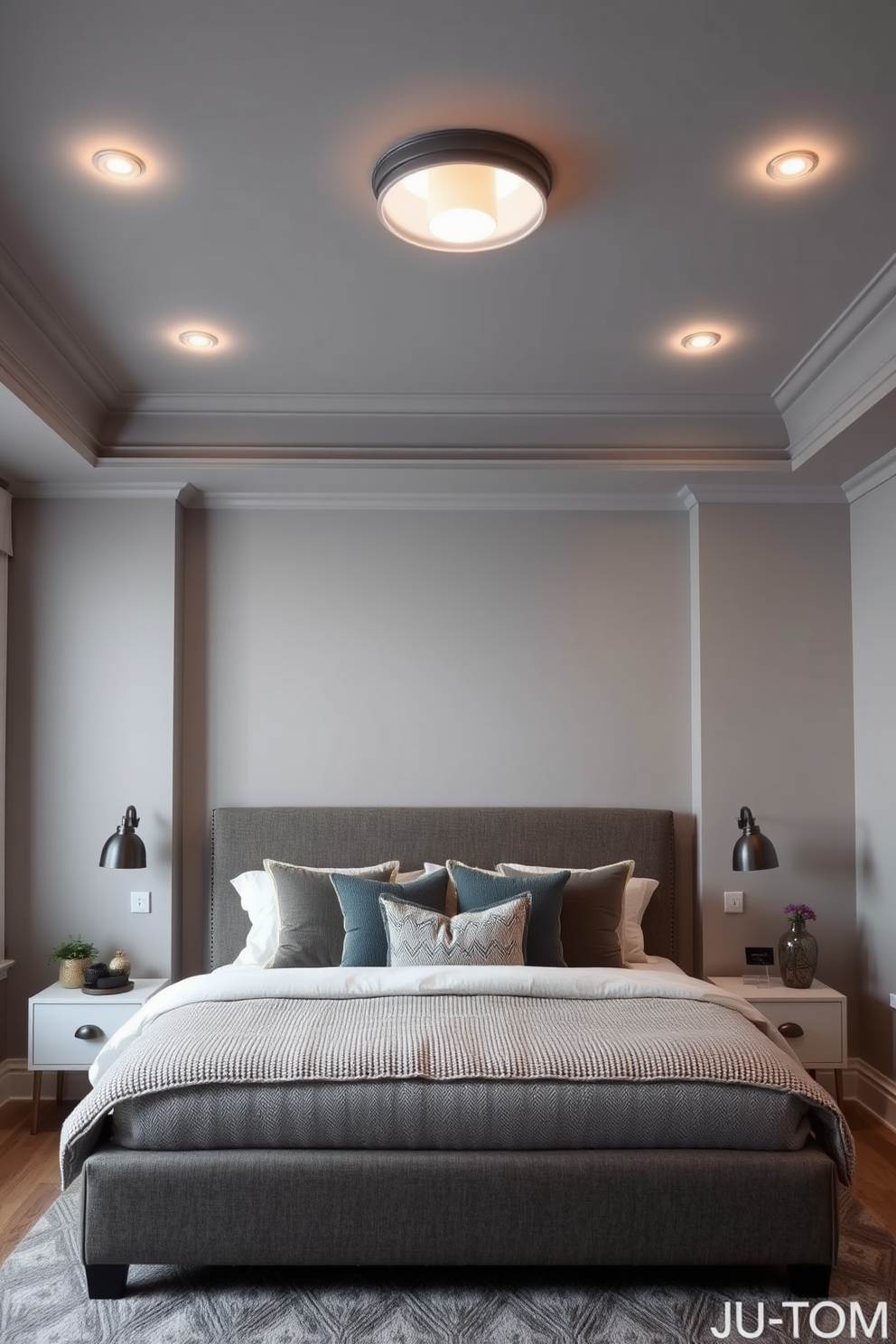 A serene gray bedroom setting with a gray ceiling adorned with soft, ambient lighting fixtures that create a warm glow. The walls are painted in a complementary light gray, and a plush gray bed is centered against the wall, layered with textured bedding and decorative pillows.