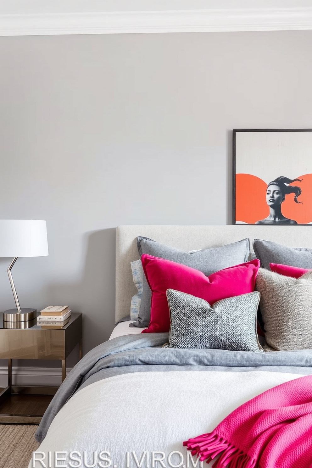 A serene gray bedroom featuring plush gray bedding layered with an array of colorful throw pillows in vibrant hues. The walls are painted a soft gray, and large windows allow natural light to flood the space, enhancing the cozy atmosphere.