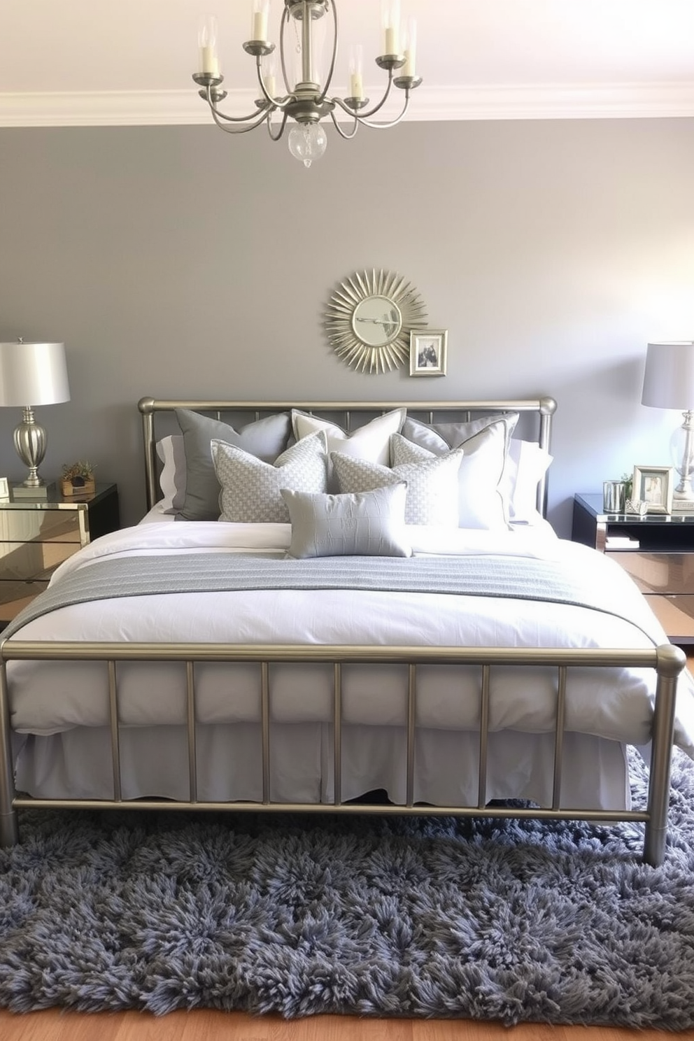 A chic gray bedroom setting featuring metallic decor elements. The walls are painted in a soft gray hue, complemented by a sleek metallic bed frame and matching nightstands. A plush gray area rug anchors the space, while decorative metallic accents such as lamps and picture frames add a touch of elegance. The bedding is layered with various shades of gray and silver, creating a cozy yet sophisticated atmosphere.