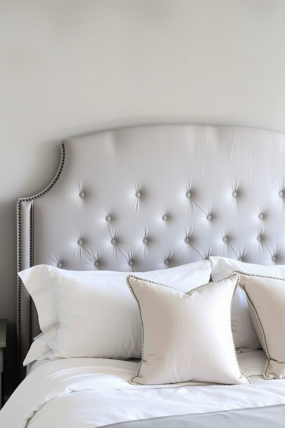 An elegant gray upholstered headboard is the focal point of the bedroom. The headboard features a tufted design with subtle stitching that adds texture and sophistication. The walls are painted in a soft gray hue that complements the headboard. A plush white bedding set with decorative pillows enhances the luxurious feel of the space.