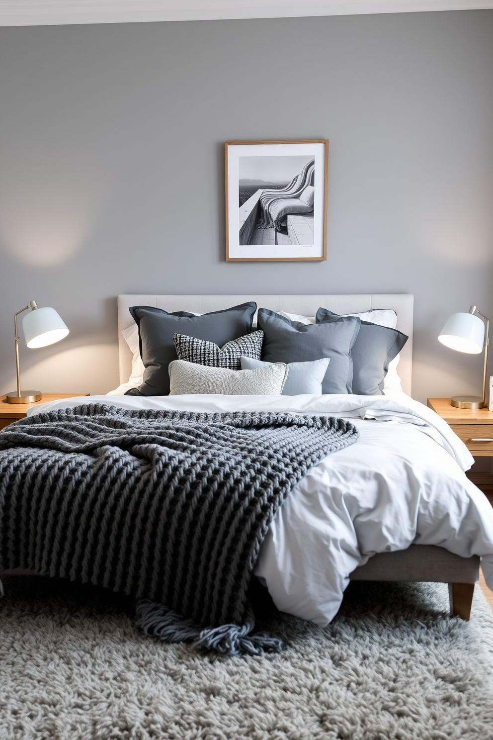 A cozy bedroom featuring layered gray textiles that create a warm and inviting atmosphere. The bed is adorned with various shades of gray pillows and a chunky knit blanket, complemented by a plush area rug beneath. Soft lighting from bedside lamps casts a gentle glow, enhancing the serene ambiance. A minimalist gray accent wall serves as a backdrop to elegant artwork, while natural elements like wooden nightstands add a touch of warmth.