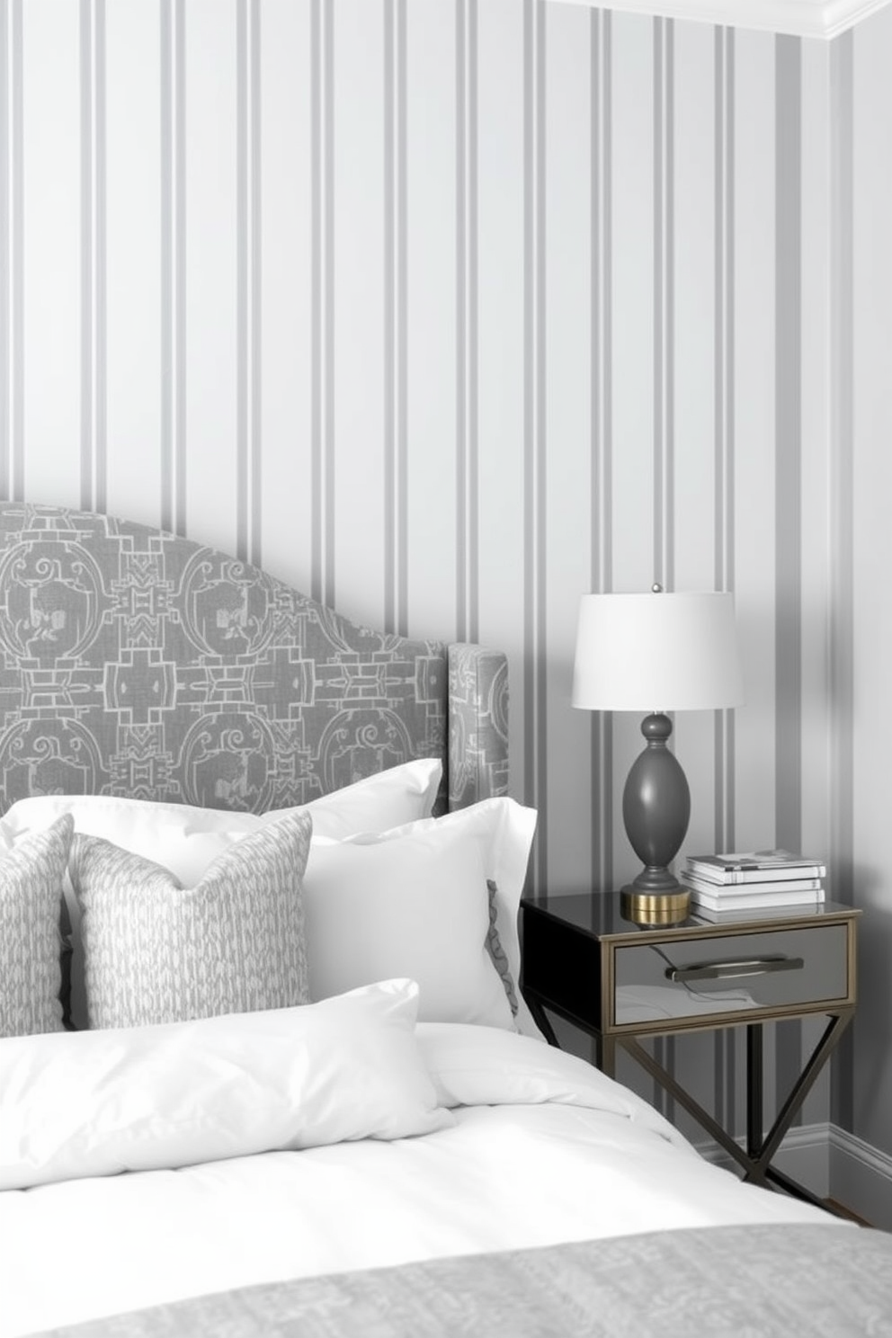 A serene gray bedroom featuring elegant gray and white striped wallpaper that adds depth and texture to the space. The room is adorned with a plush gray upholstered bed dressed in white linens and accented with decorative pillows in varying shades of gray.