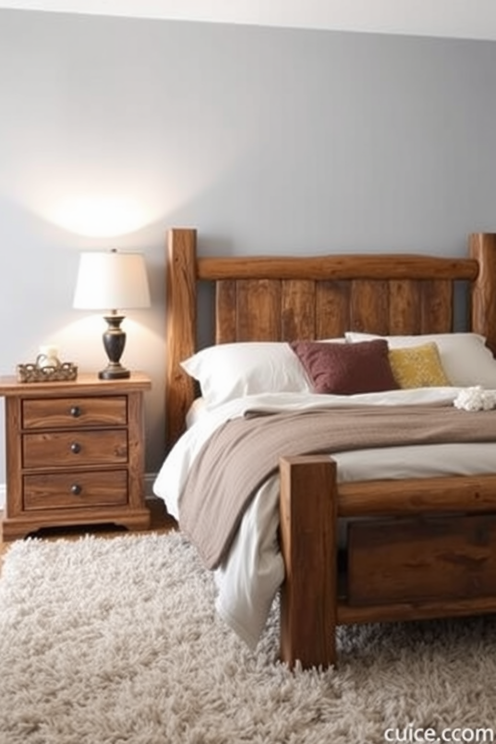 A cozy gray bedroom featuring rustic wood furniture that adds warmth and charm. The bed is adorned with soft linens, and a matching wooden nightstand sits beside it, complemented by a stylish lamp. The walls are painted in a soft gray hue, creating a serene atmosphere. A plush area rug lies beneath the bed, enhancing the room's inviting feel.