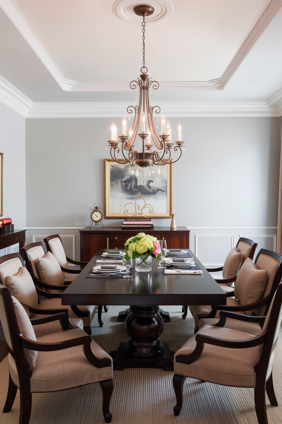 Elegant gray velvet chairs with brass accents are arranged around a sleek black dining table. The walls are painted in a soft gray tone, complemented by a stunning chandelier that adds a touch of glamour to the space. A large abstract painting in shades of gold and gray adorns the wall, creating a focal point in the room. The floor is finished with warm hardwood, enhancing the overall elegance of the dining area.