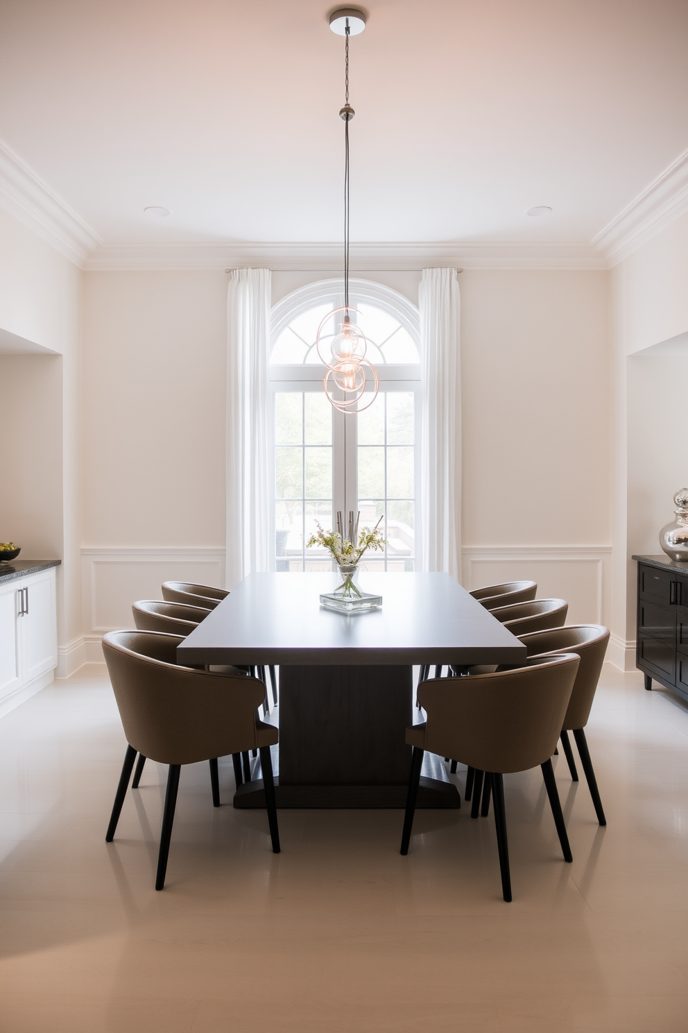 A bright and airy dining room features a gray table at its center surrounded by elegant chairs. Above the table, stylish pendant lights hang, casting a warm glow and enhancing the room's sophisticated atmosphere.