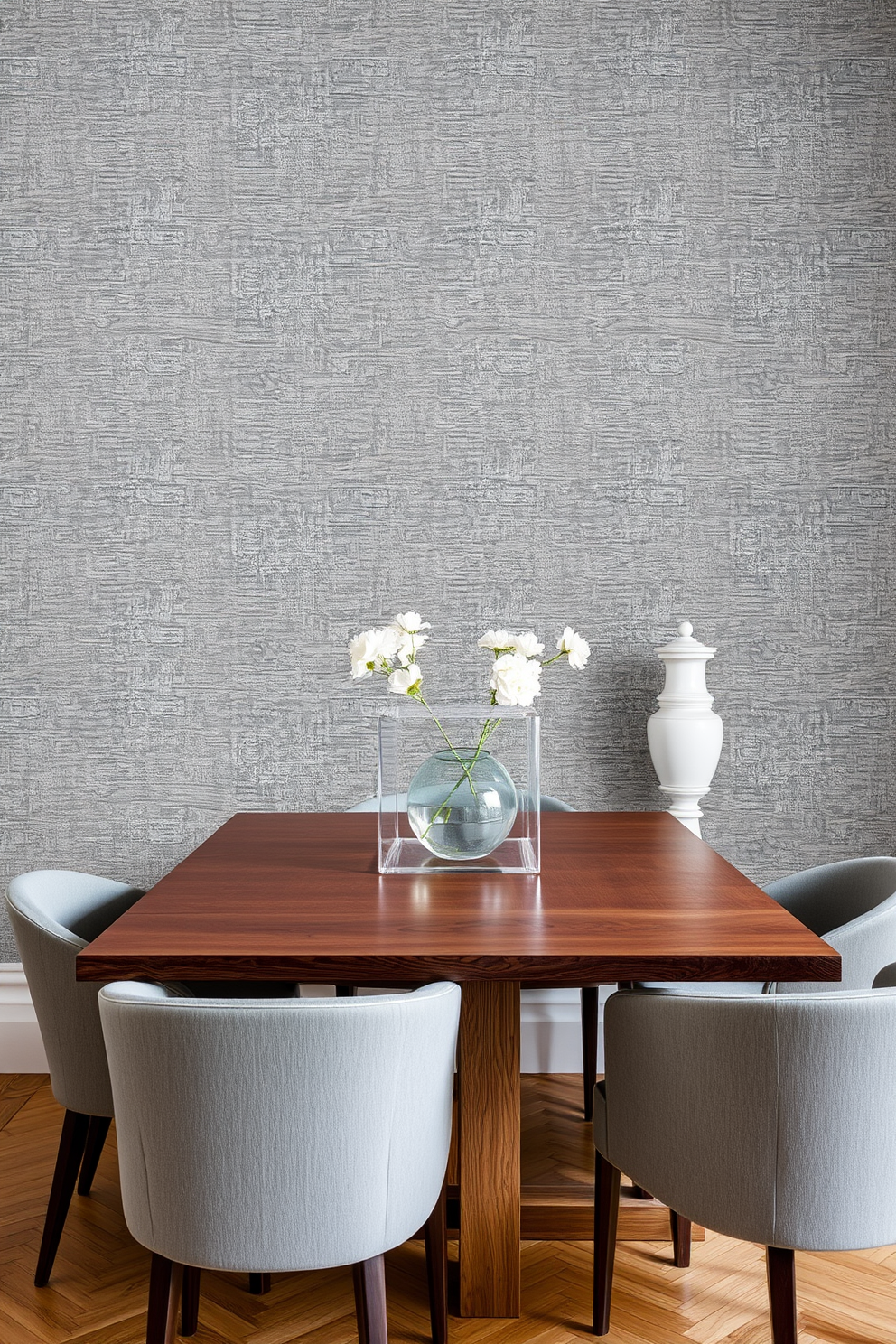 Textured gray wallpaper creates a sophisticated backdrop for a modern dining room. A sleek wooden dining table is surrounded by upholstered chairs in a complementary shade, enhancing the overall elegance of the space.