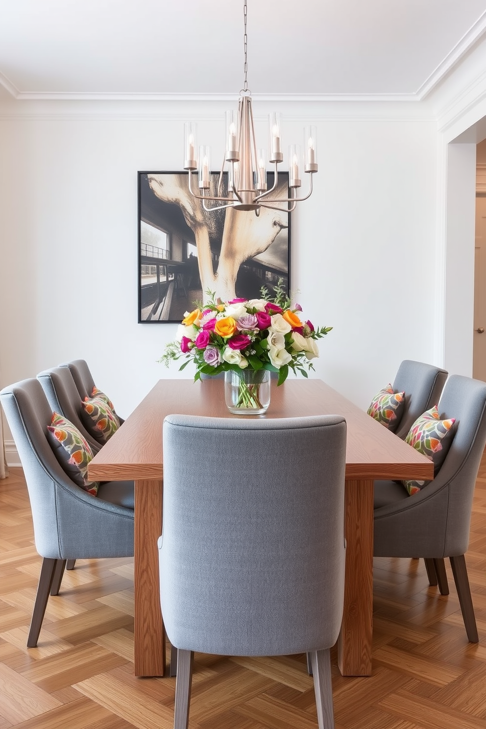 A cozy gray dining room featuring warm wood tones. A large wooden dining table is surrounded by upholstered chairs in soft gray fabric.