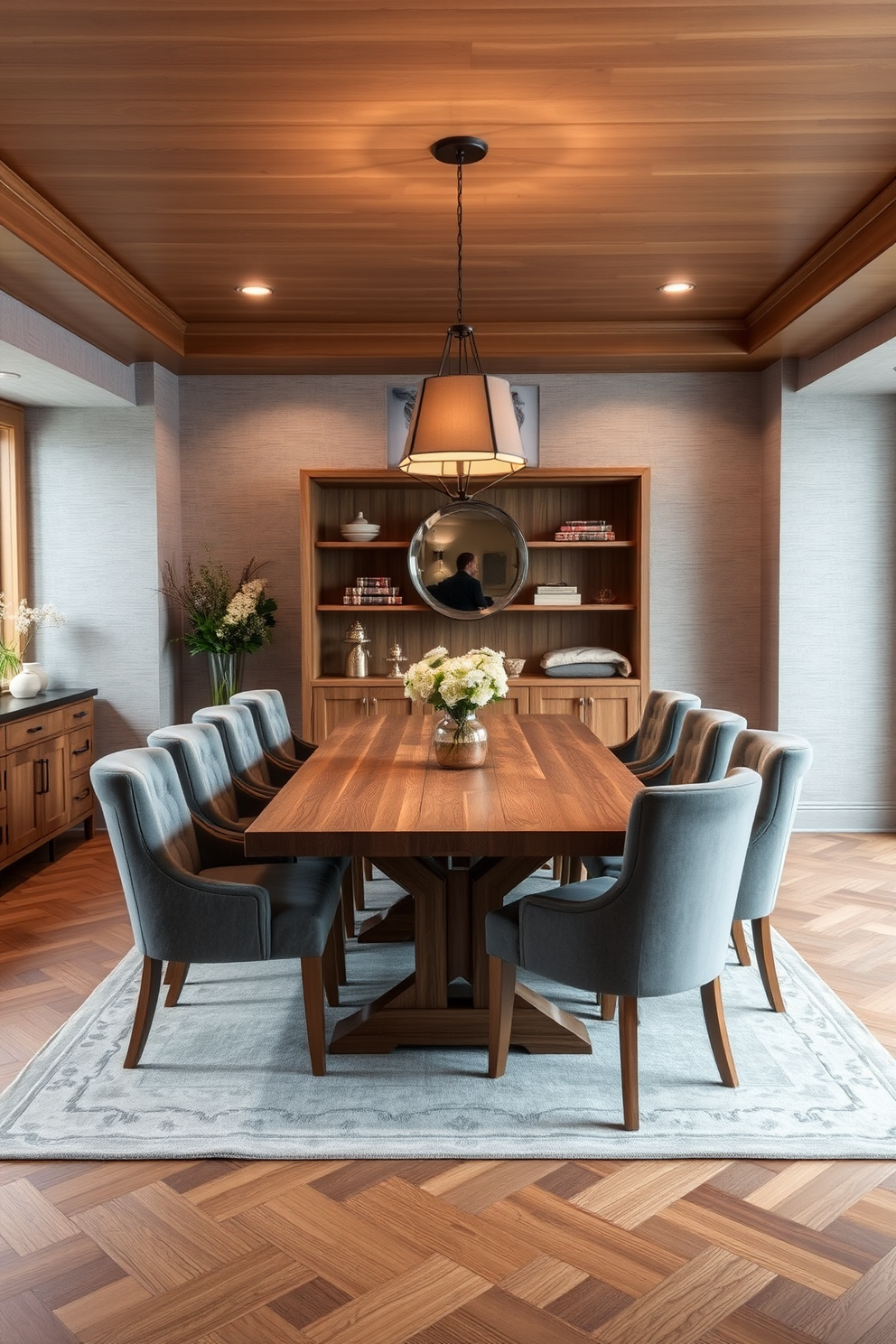 A contemporary dining room featuring geometric gray wallpaper that adds a modern flair to the space. The room is furnished with a sleek glass dining table surrounded by stylish gray upholstered chairs, creating an elegant atmosphere.