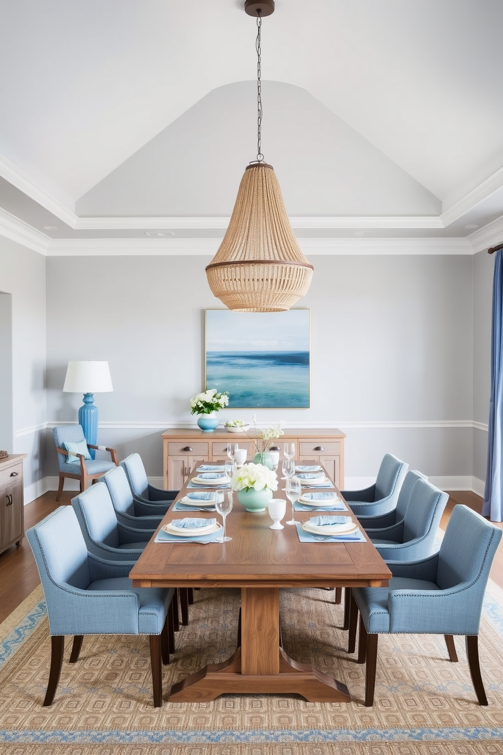 A coastal-themed dining room featuring soft gray and blue tones. The walls are painted in a light gray shade, complemented by blue accents in the decor and table settings. A long wooden dining table is centered in the room, surrounded by upholstered chairs in a soft blue fabric. Above the table, a statement chandelier made of natural materials adds a touch of elegance to the space.