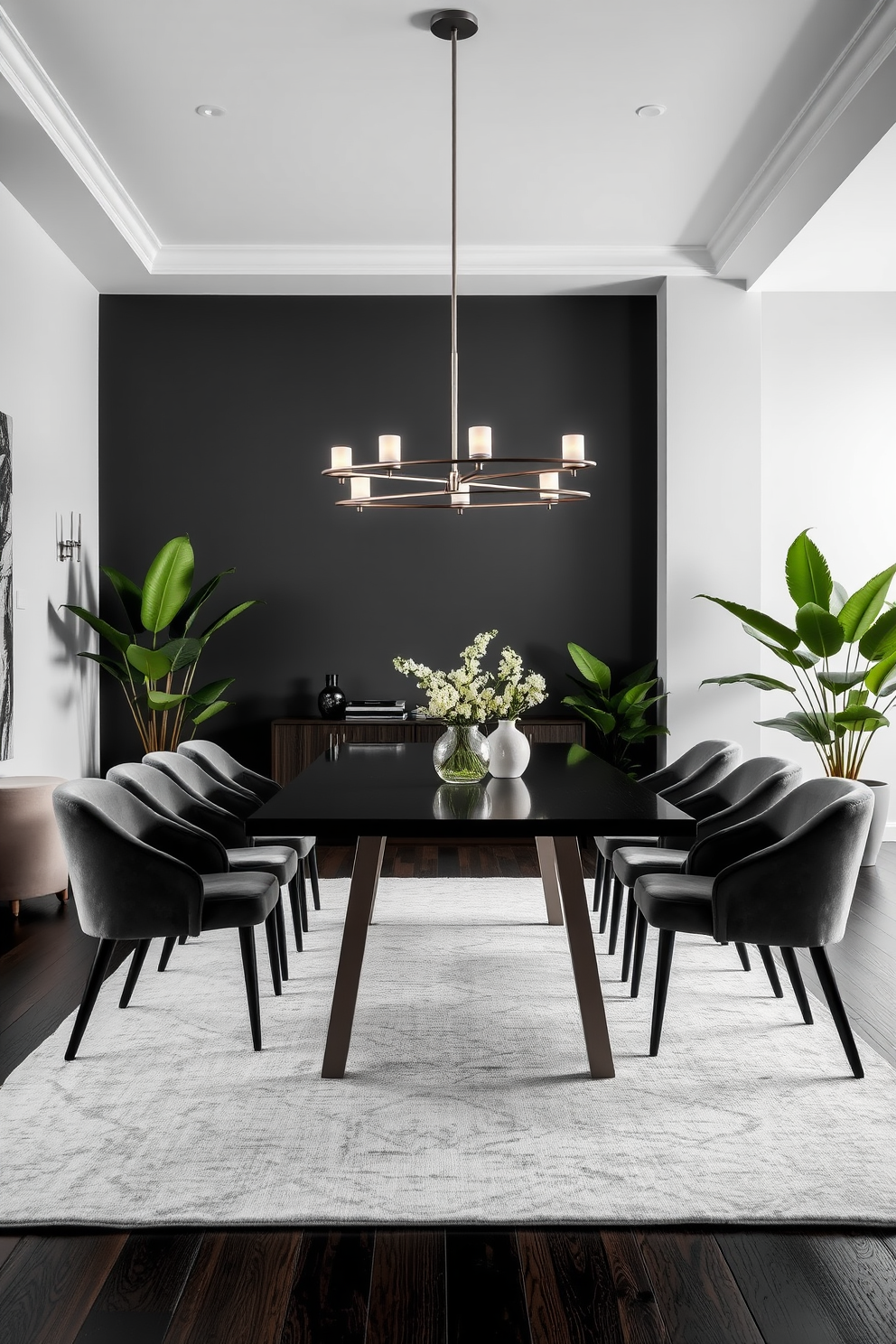 A monochromatic gray dining room features an elegant rectangular table surrounded by plush gray upholstered chairs. The walls are painted in varying shades of gray, complemented by a soft gray area rug that anchors the space. Lush green plants are strategically placed in the corners, adding a touch of life to the serene atmosphere. A modern chandelier with sleek lines hangs above the table, casting a warm glow over the dining area.