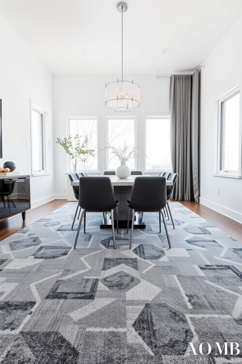 A modern dining room featuring a geometric gray rug that adds texture and sophistication to the space. The dining table is surrounded by sleek chairs, and large windows allow natural light to fill the room, highlighting the gray tones. The walls are painted in a soft white, creating a clean backdrop for the gray accents. A statement light fixture hangs above the table, providing a focal point and enhancing the contemporary feel of the room.