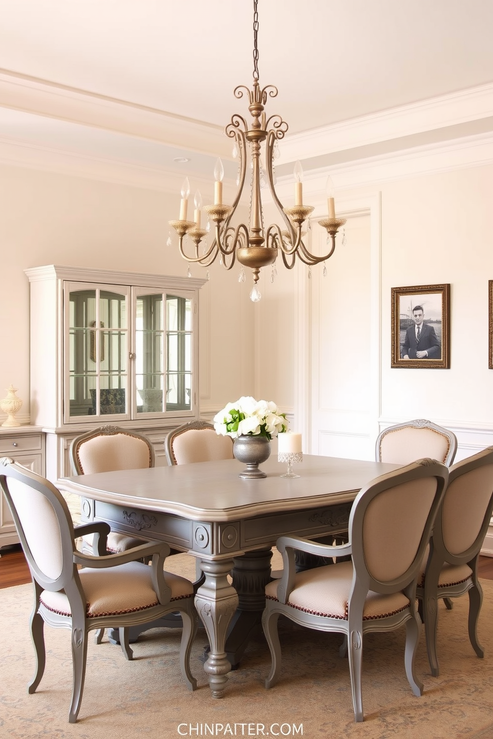 A vintage gray dining set is the centerpiece of a classic dining room. The table features intricate carvings and is surrounded by elegant upholstered chairs in a complementary fabric. The walls are painted in a soft cream color, enhancing the vintage aesthetic. A beautiful chandelier hangs above the table, casting a warm glow over the inviting space.