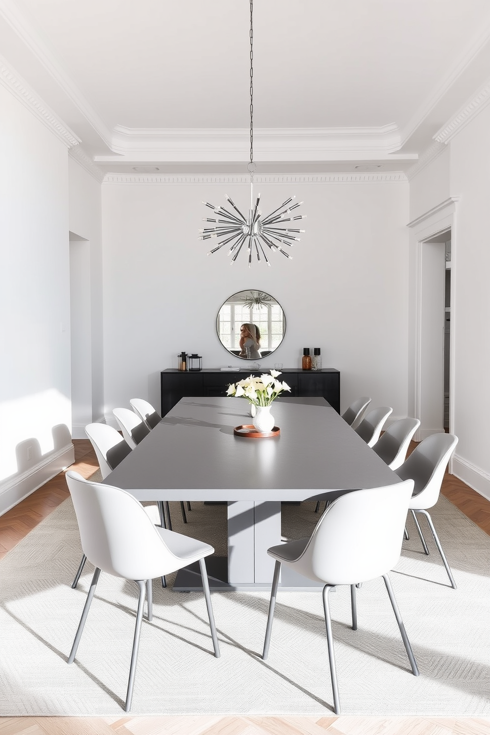 A sleek gray dining table with a minimalist design takes center stage in the room. Surrounding the table are simple yet elegant chairs that complement the modern aesthetic. The walls are painted in a soft white, creating a bright and airy atmosphere. A statement light fixture hangs above the table, adding a touch of sophistication to the space.