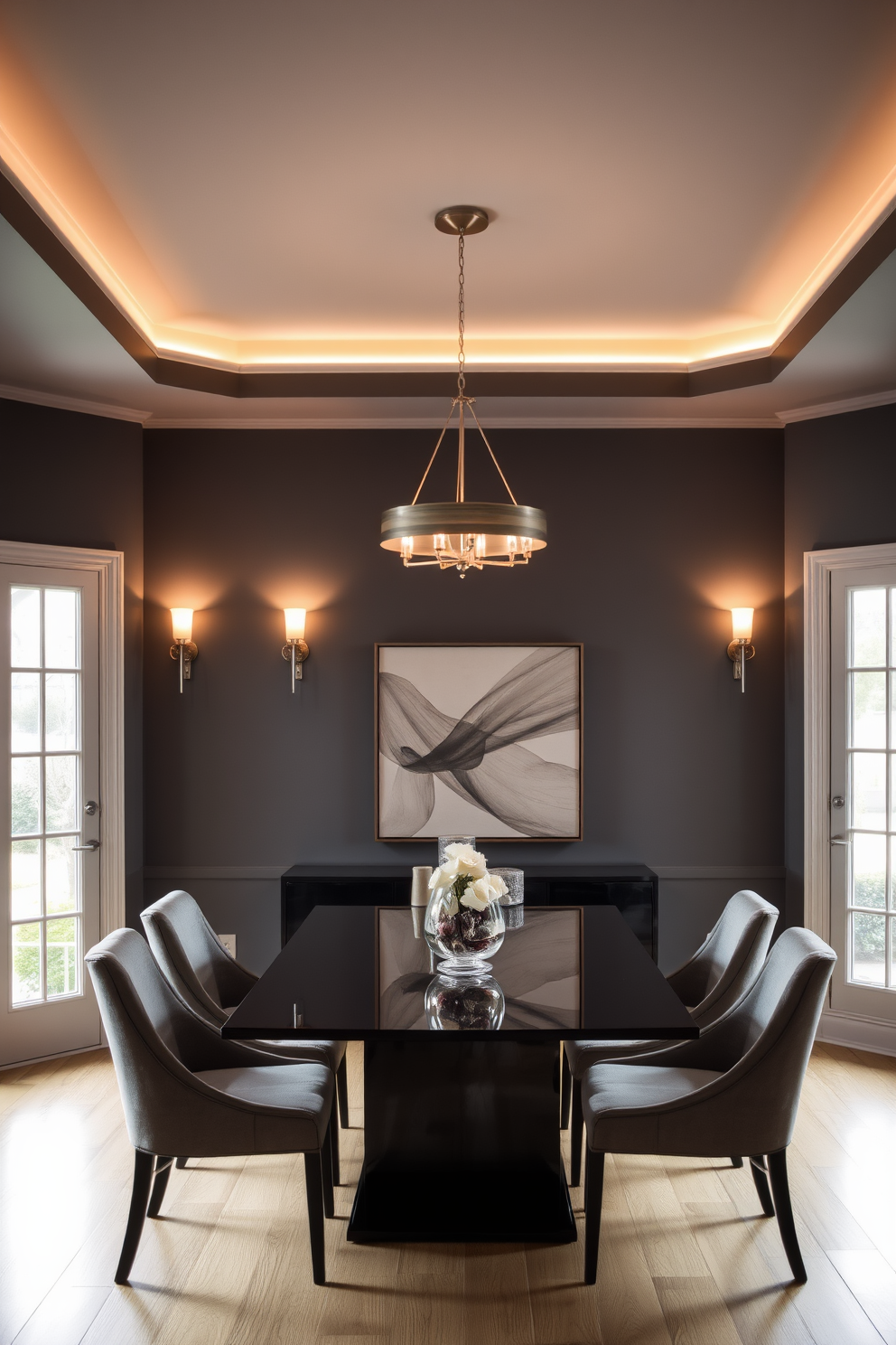 A stylish gray dining room features layered lighting with elegant gray fixtures that create a warm and inviting atmosphere. The walls are adorned with textured gray wallpaper, and a modern chandelier hangs above a sleek dining table surrounded by plush upholstered chairs.