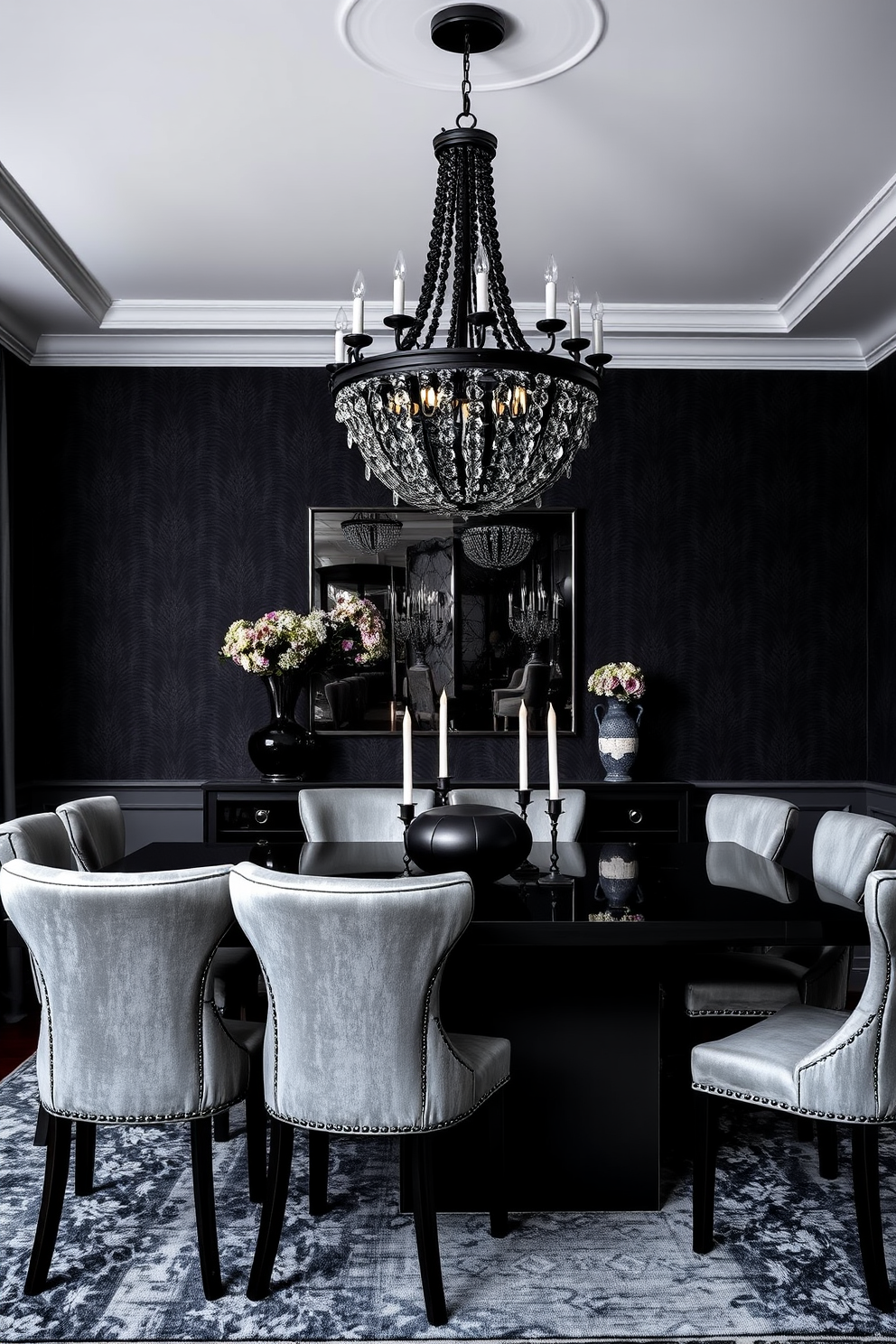 A dramatic dining room setting featuring a gray and black color palette. The room is anchored by a sleek black dining table surrounded by plush gray upholstered chairs. The walls are adorned with dark gray wallpaper that adds depth and sophistication. A striking black chandelier hangs from the ceiling, casting an elegant glow over the space.