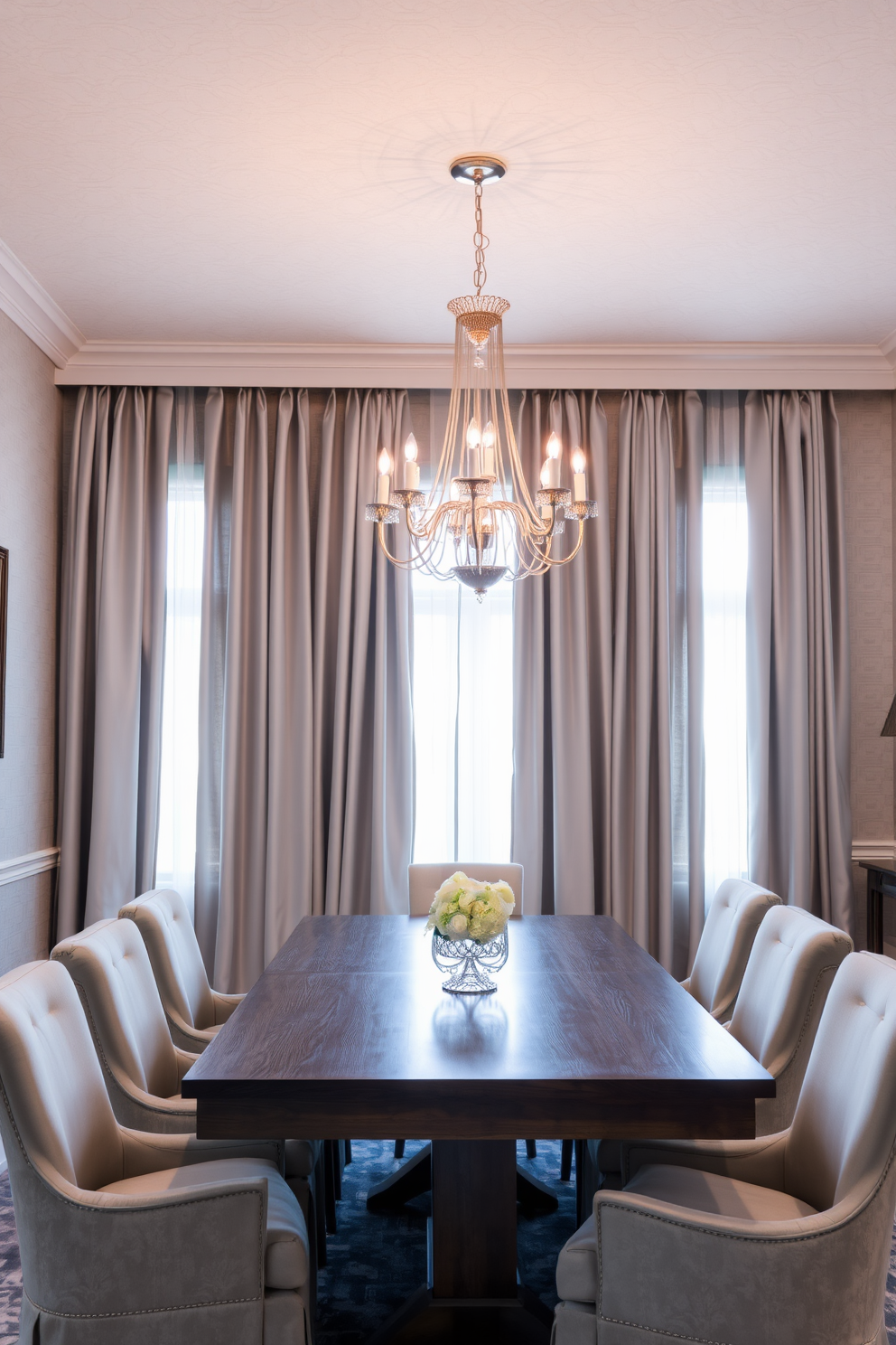 A refined dining room setting featuring soft gray drapes that cascade elegantly from the ceiling. The walls are adorned with a subtle textured wallpaper in a complementary shade of gray, enhancing the overall sophistication of the space. A large wooden dining table sits at the center, surrounded by plush upholstered chairs in a soft gray fabric. A statement chandelier hangs above, casting a warm glow over the table, while a decorative centerpiece adds a touch of charm.