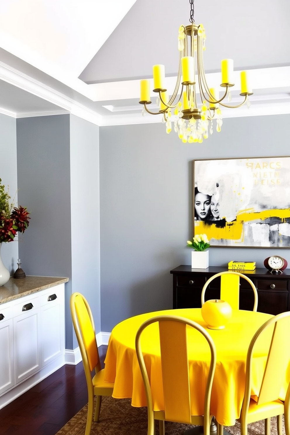 A bright and inviting dining room featuring a gray and yellow color scheme. The walls are painted in a soft gray, while the dining table is adorned with a vibrant yellow tablecloth and matching chairs. A large abstract painting with gray and yellow hues hangs on the wall, adding a pop of color. A stylish chandelier with yellow accents illuminates the space, creating a warm and welcoming atmosphere.