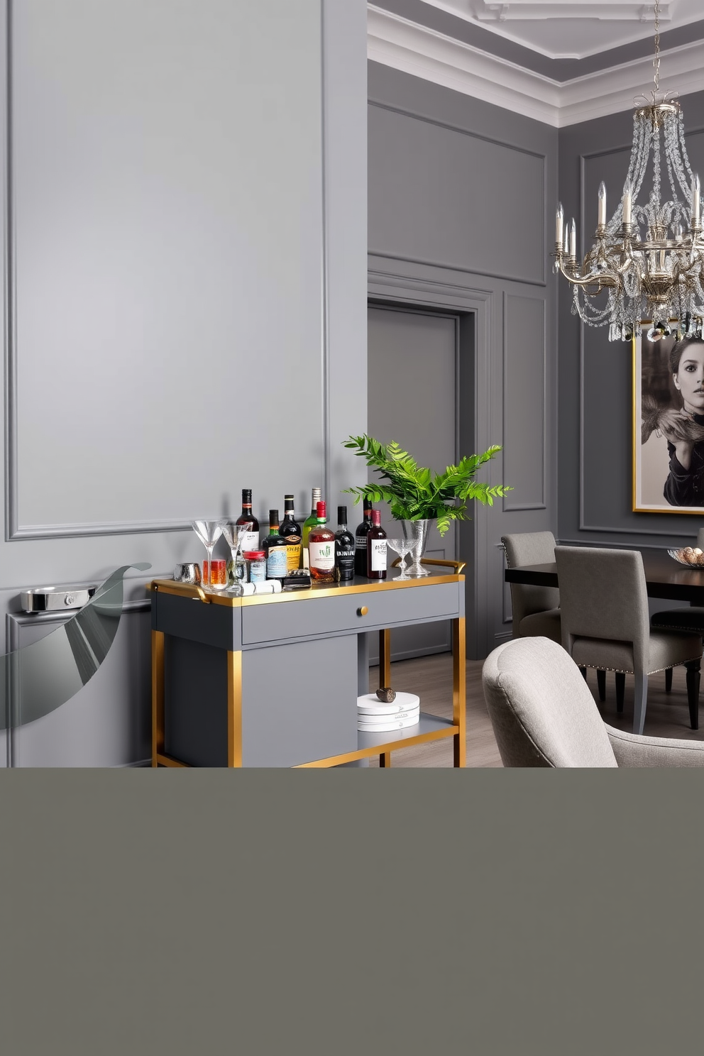 A stylish gray bar cart is set against a backdrop of elegant gray walls, featuring a sleek design with gold accents. The cart is adorned with an array of premium spirits, glassware, and a decorative plant, creating an inviting atmosphere for entertaining guests. The dining room showcases a sophisticated gray color palette, with a contemporary dining table and plush upholstered chairs. A statement chandelier hangs above the table, while artwork in complementary tones decorates the walls, enhancing the overall elegance of the space.