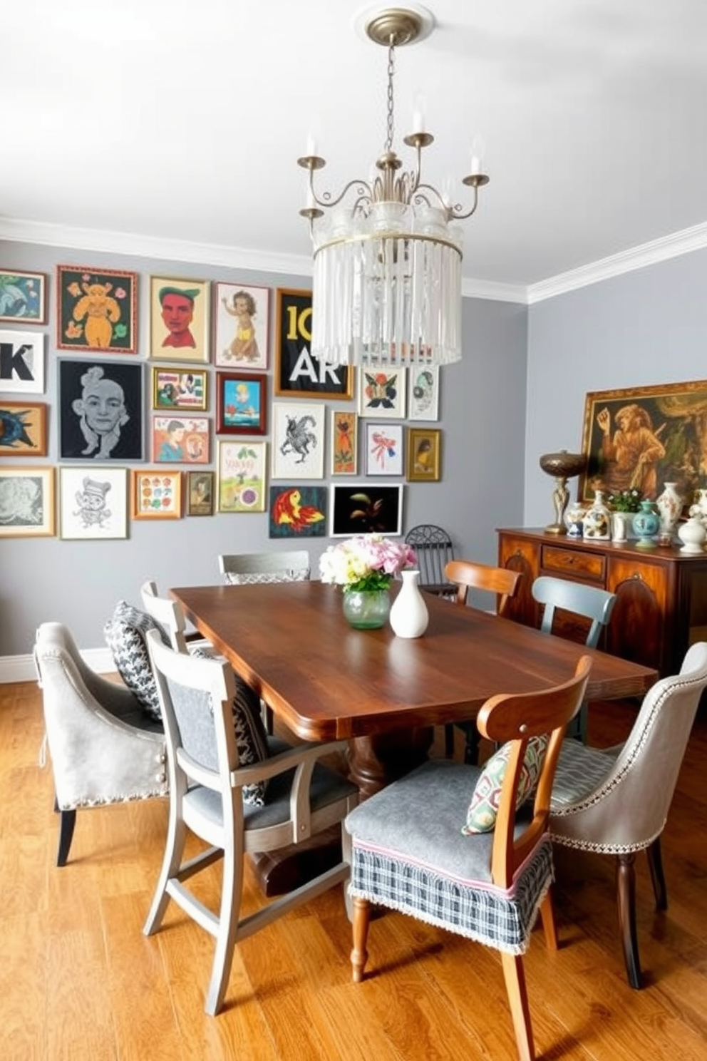 Eclectic gray decor featuring a mix of textures and patterns creates a dynamic dining space. A large wooden dining table is surrounded by mismatched chairs in various shades of gray, each adorned with unique cushions. The walls are painted in a soft gray hue, accented by a gallery of vibrant artwork. A statement chandelier hangs above the table, complemented by an assortment of quirky accessories displayed on a nearby sideboard.