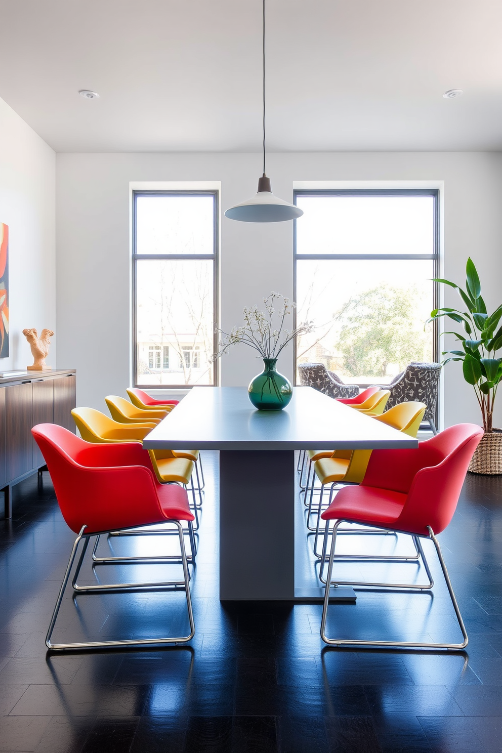 A contemporary dining room featuring a sleek gray table surrounded by bold, colorful chairs that provide a striking contrast. The walls are adorned with modern artwork, and large windows allow natural light to fill the space, enhancing the inviting atmosphere.