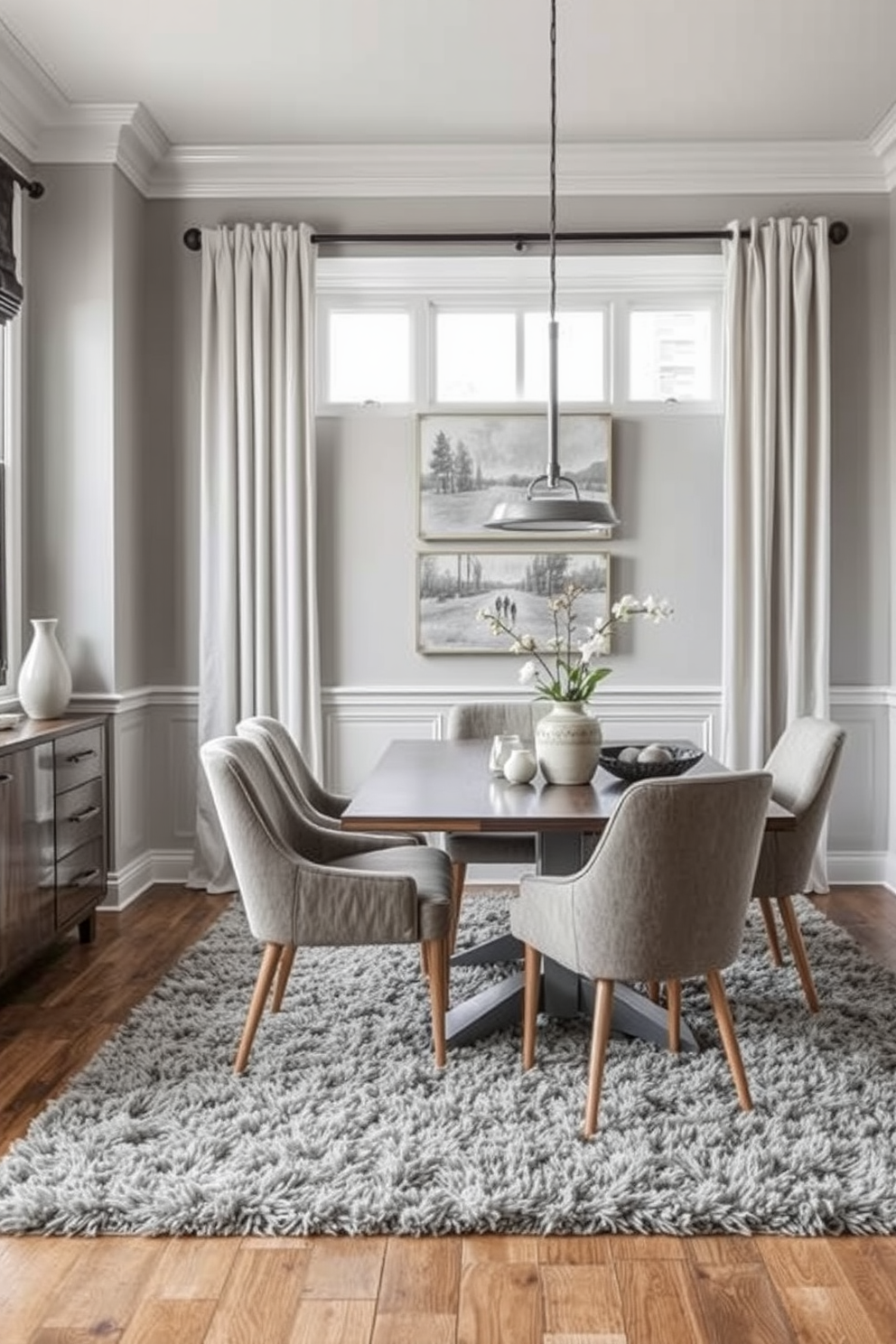 A sophisticated dining room featuring layered gray textures that create a warm and inviting atmosphere. Soft lighting highlights the elegant table set for six, surrounded by plush gray upholstered chairs. The walls are adorned with a subtle textured wallpaper that enhances the depth of the gray palette. A large abstract painting in complementary tones hangs above a sleek sideboard, adding a touch of artistry to the space.