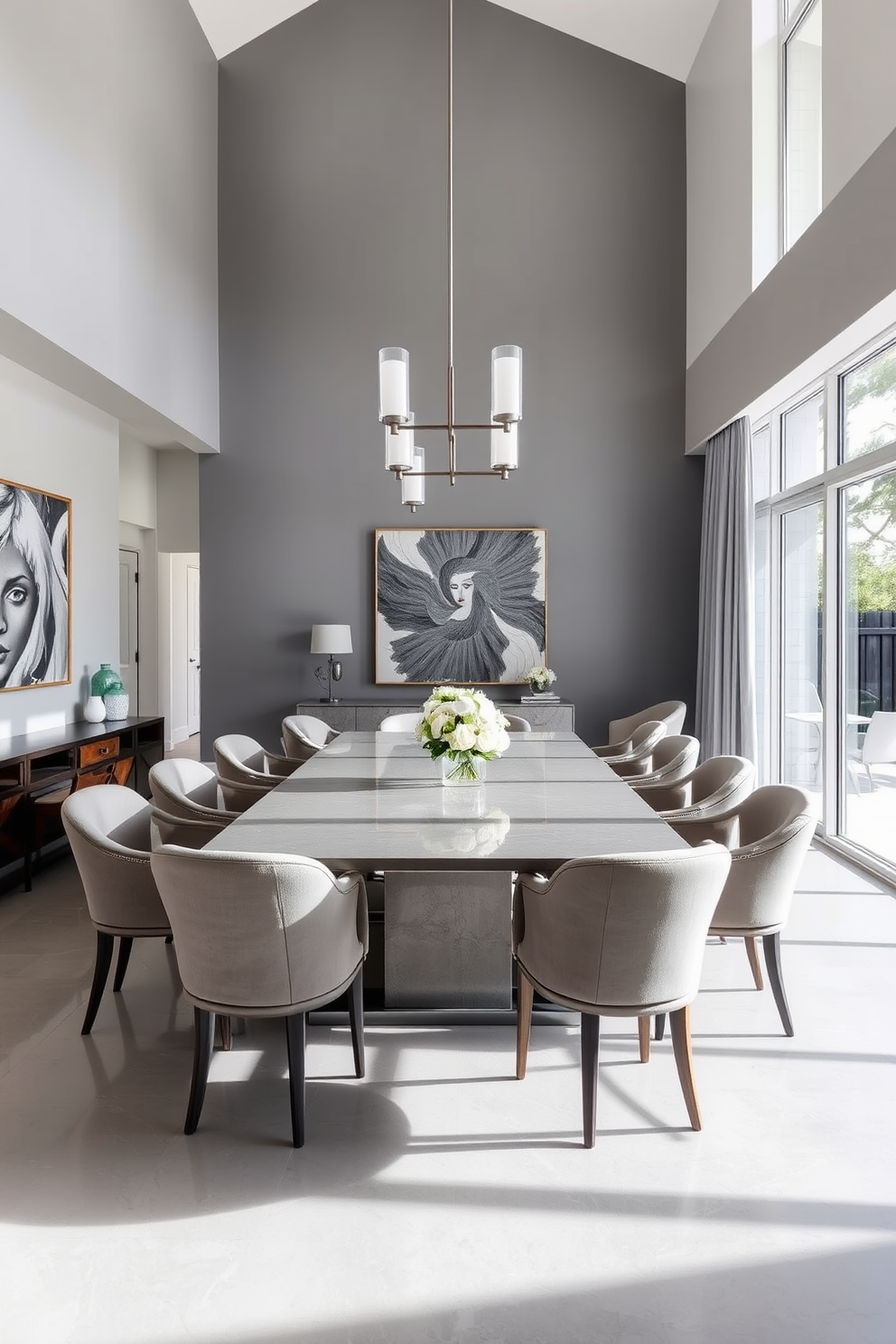 A cheerful dining room setting featuring a gray and yellow color scheme. The walls are painted a soft gray, complemented by yellow accent chairs around a sleek gray dining table. A large abstract painting with yellow and gray hues hangs on the wall, adding a vibrant focal point. A stylish pendant light in a modern design illuminates the space, enhancing the cheerful ambiance.