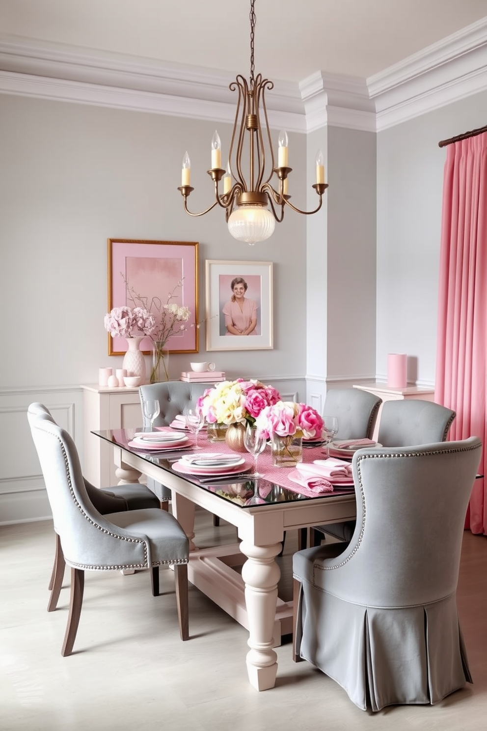 A chic dining room featuring pastel pink decor complemented by soft gray tones. The walls are painted in a soft gray while the dining table is adorned with pastel pink tableware and floral centerpieces. Elegant gray upholstered chairs surround the table, creating a harmonious contrast with the pastel accents. A statement chandelier in a modern design hangs above, casting a warm glow over the inviting space.