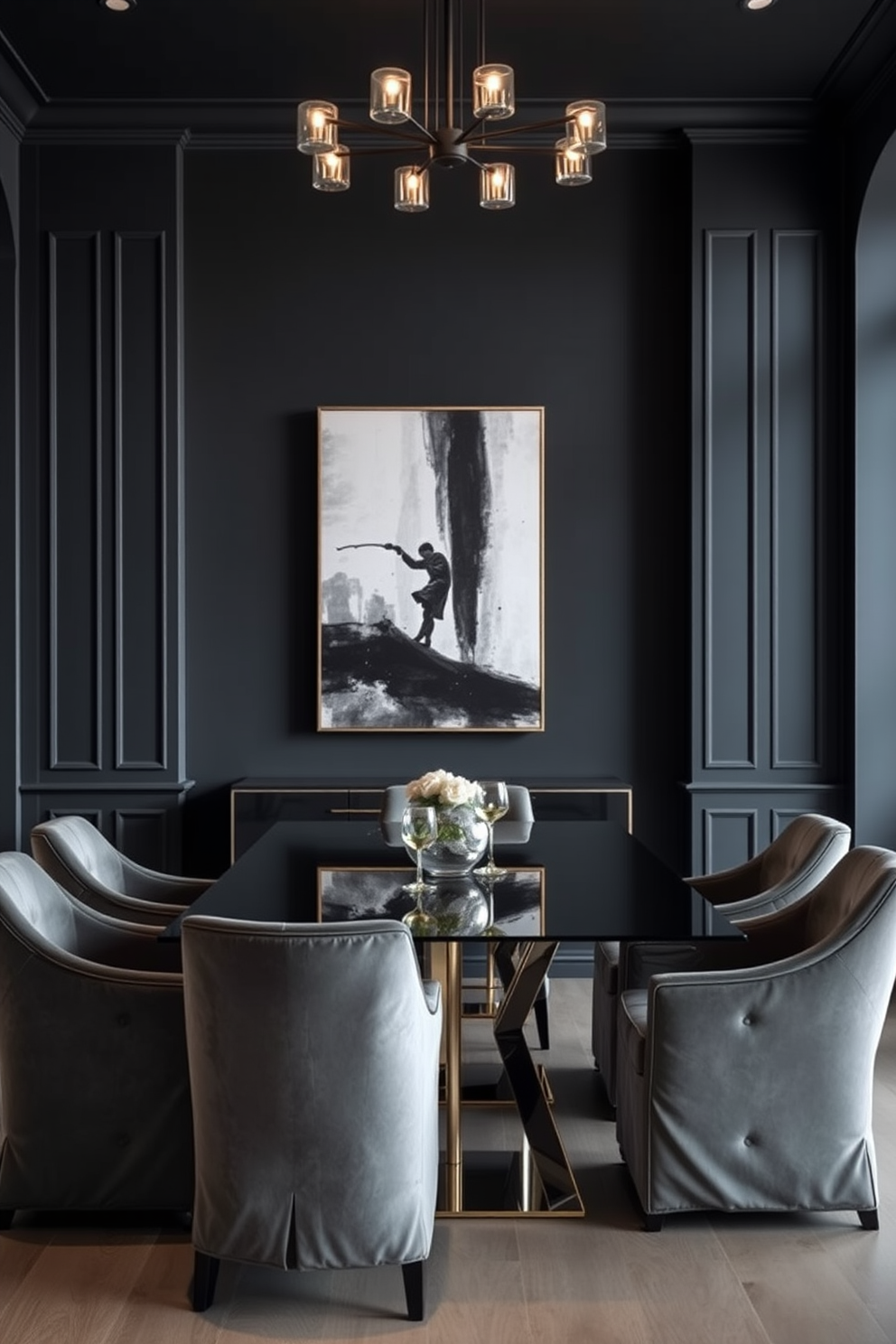 A modern dining room featuring charcoal gray walls that create a dramatic backdrop. The white trim adds a crisp contrast, highlighting the elegance of the space. A sleek rectangular dining table sits at the center, surrounded by plush upholstered chairs in a light gray fabric. A statement chandelier hangs above, providing a warm glow and enhancing the sophisticated ambiance.